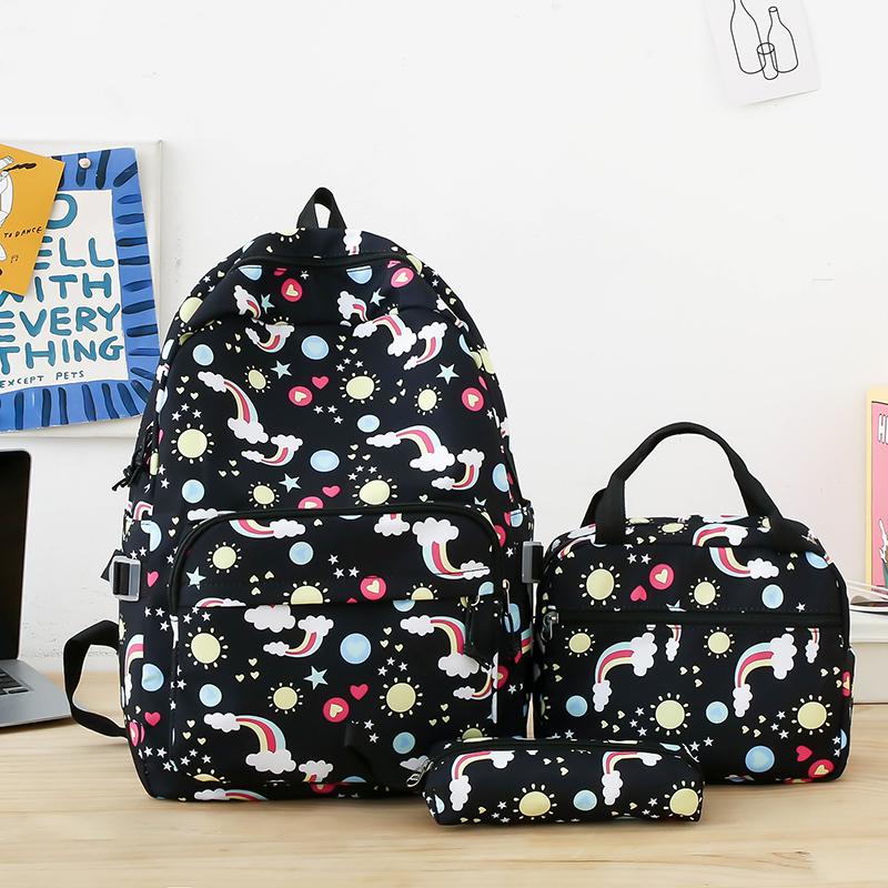 Women's Backpack Three-Piece Set Rainbow Print Student Schoolbag Large Capacity Backpack