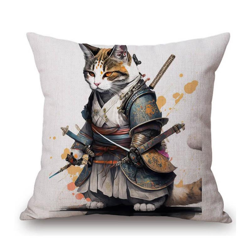 Funny Cute Cat Samurai Catoon Home Decorative Sofa Throw Pillow Case Cotton Linen Car Chair Cushion Cover