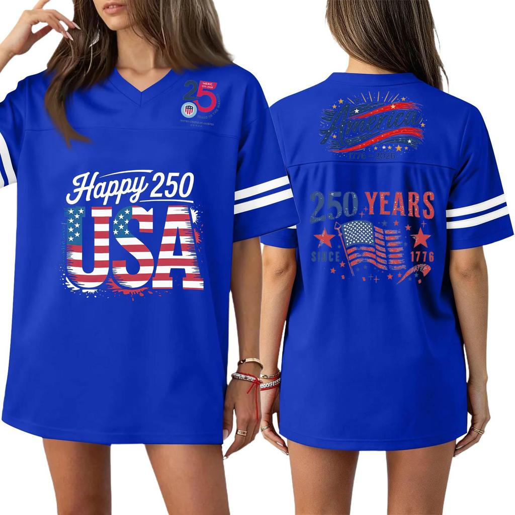 Damska Codzienna Modna Koszulka Sportowa z Dekoltem V z Nadrukiem na Dzień Niepodległości Krótkim Rękawem Top