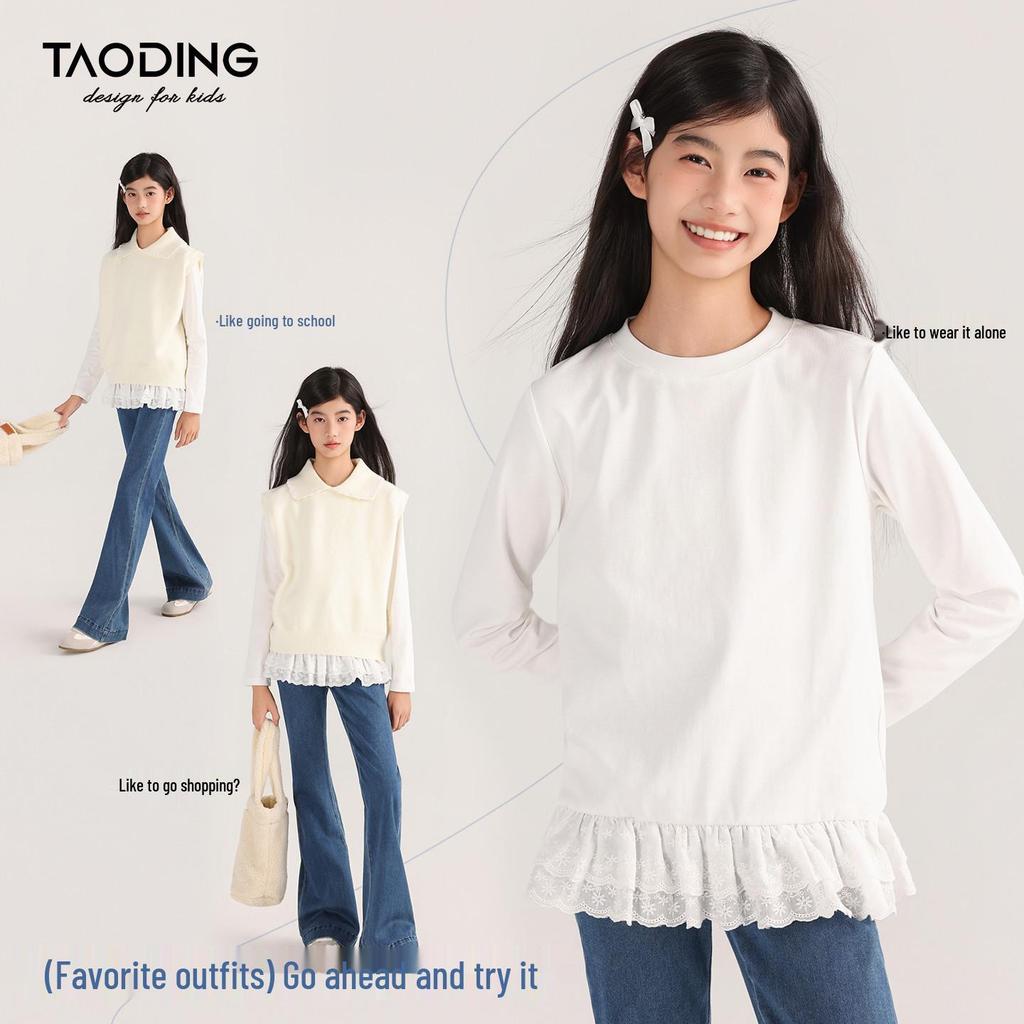 Tao Town Mädchen Langarmshirt mit Spitzennähten - Koreanischer Stil Frühling/Herbst Trend