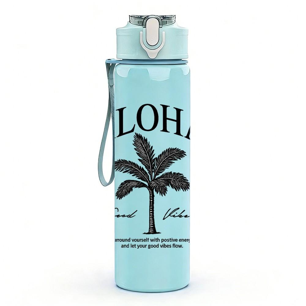 1PC Aloha Palm Tree Tropical Badge Print 750ml Color Plastic Sports Water Bottle Leakproof Flip Straw Lid Suitable for Sports Office Home Use