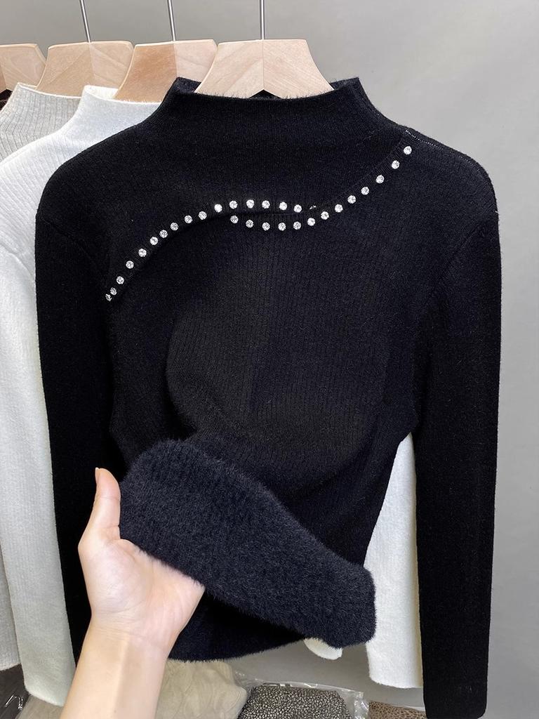 Fleece semi-turtleneck sweater women's integrated fleece thickened bottoming shirt autumn and winter new knitted sweater beaded top tide