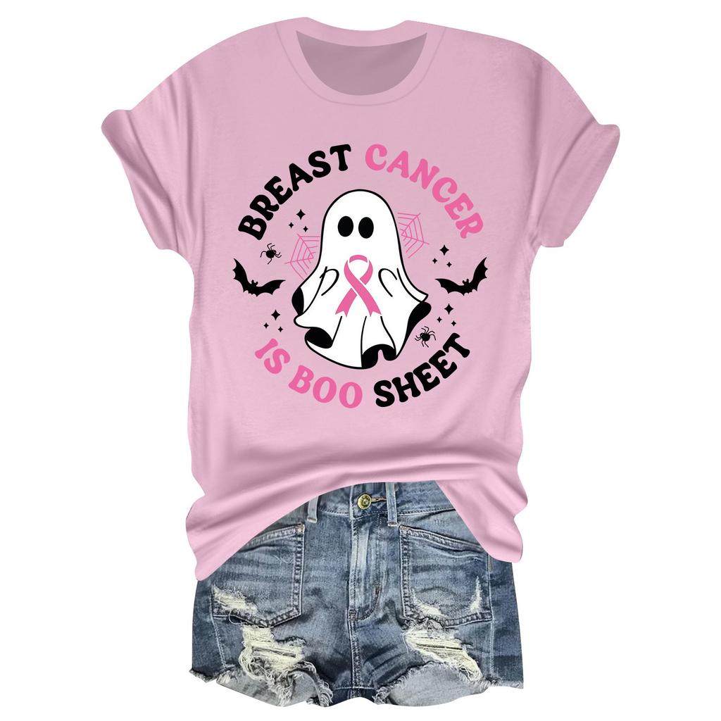 Women's Casual Halloween Breast Print T-Shirt Round Neck Pullover Short Sleeve Top