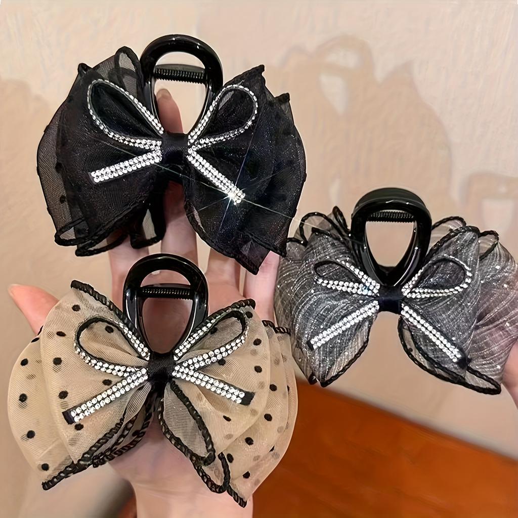 3pcs Shuidian Mesh Hair Grab Bow Shape Grab Clip Niche High-end Feeling Sweet and Cool Style Daily Styling Back Of The Head Clip