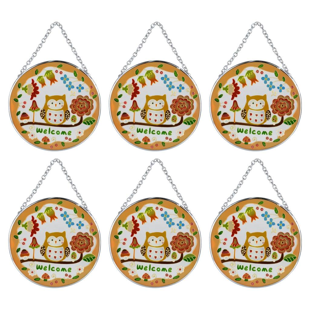 Fourcart Cute Handmade Glass Stained Frame, Fairytale Forest Owl Welcome, Round, Set of 6