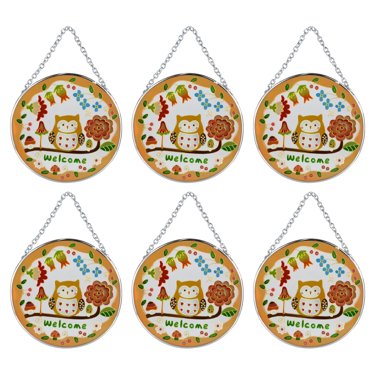 

Fourcart Cute Handmade Glass Stained Frame, Fairytale Forest Owl Welcome, Round, Set of 6