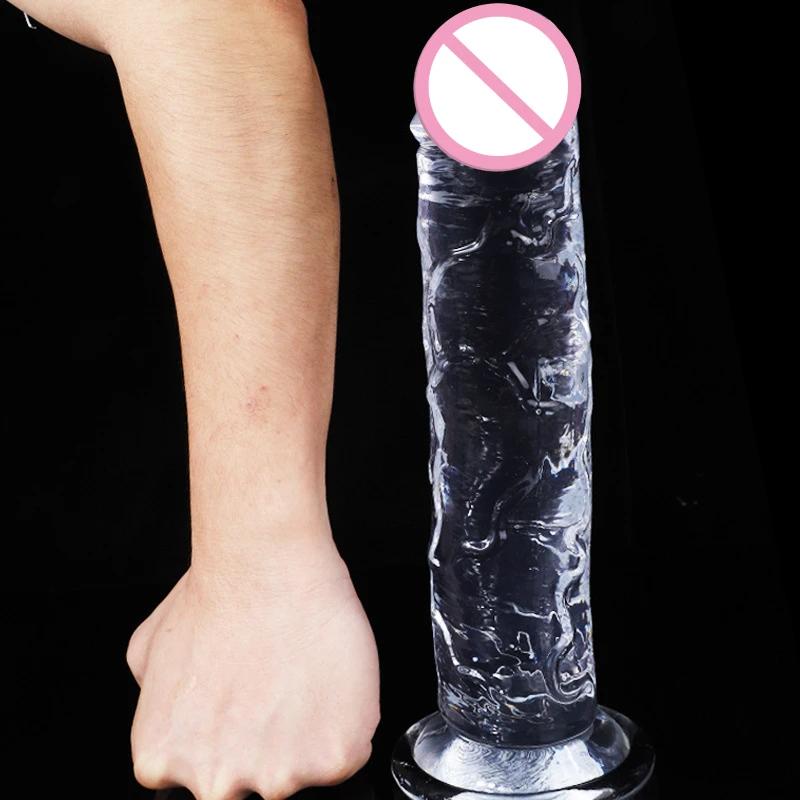 Suur kristallželee realistlik läbipaistev dildo imemiskapp, tohutu läbipaistev peenis, anaaltoode, seksmänguasjad naisele, täiskasvanud lesbi