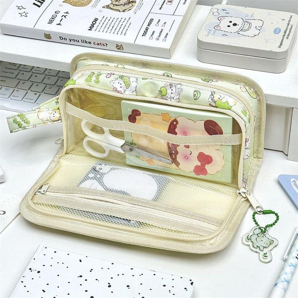 Cartoon Cute Kitten Pencil Case Multilayer PVC Large Capacity Stationery Bag Dirty-proof Stationery Storage Bags Student