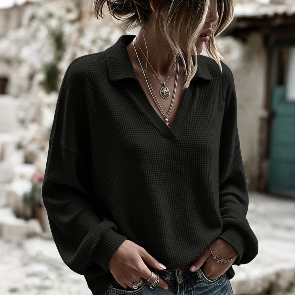 Women's Casual V-Neck Long Sleeve Loose Fit Pullover Top for Everyday Wear