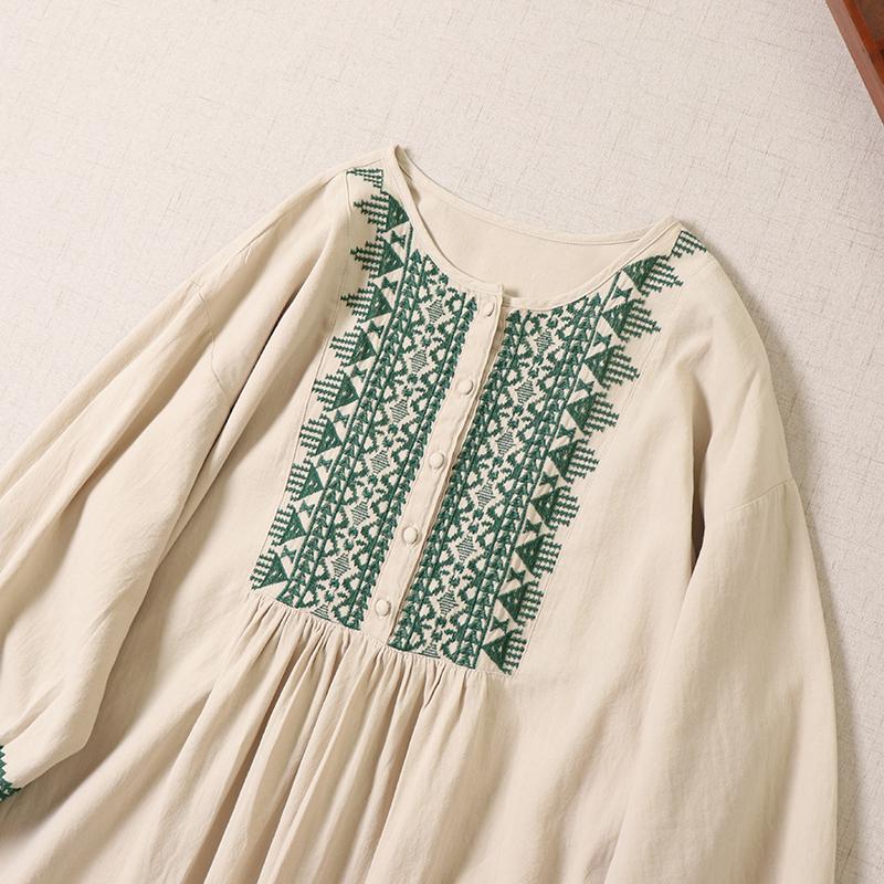 Ele Embroidered Cotton Lin Long Sve Dr Loose Fit A-Line Silhouette Maxi Skirt for Autumn Season Women's Faion