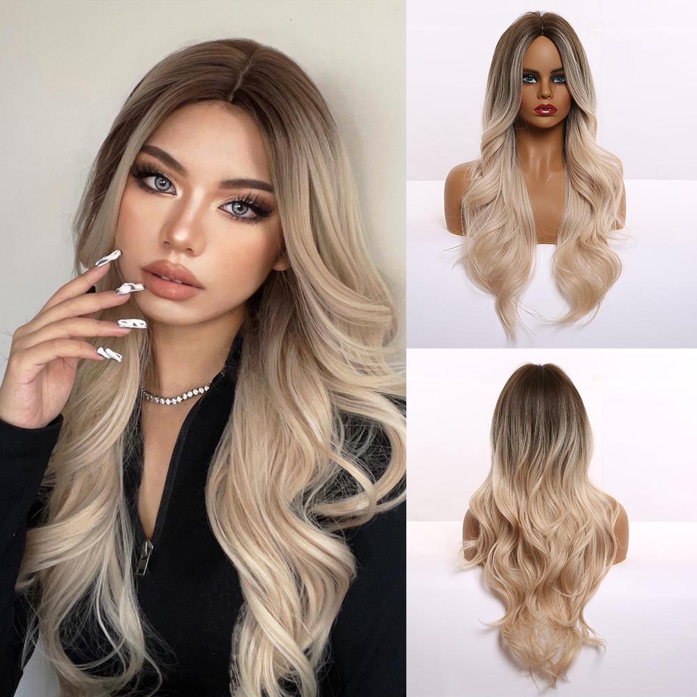 HAIRCUBE White Platinum Mixed Brown Synthetic Wigs Long Wavy Natural Hair Wigs for Women Middle Part Daily Heat Resistant Wigs