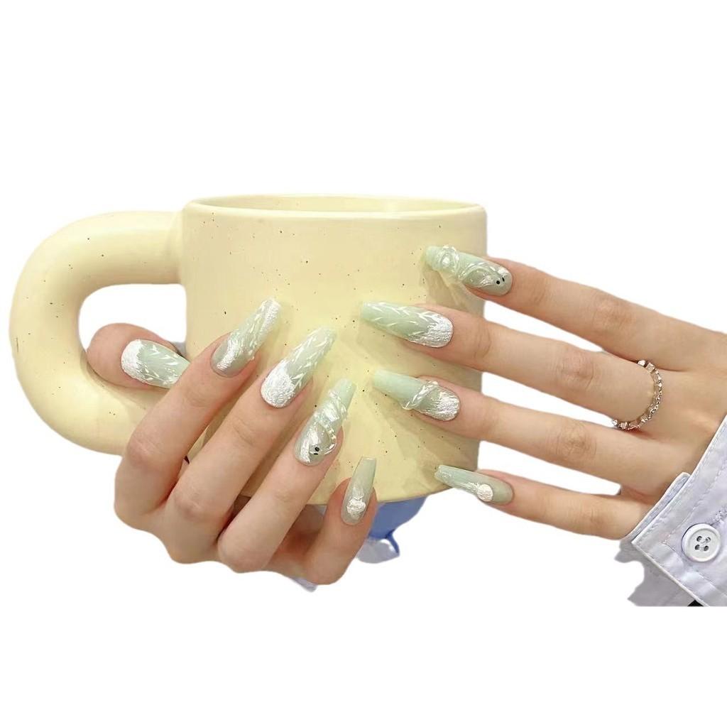 HANDMADE Artificial Nail Retro 3D Green Snake Fake Nail Set With Glue Reusable and Removable Press On Nails