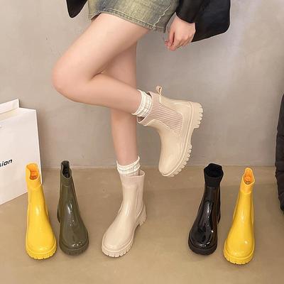 2025 Women's Fashion Elastic Band Waterproof Rain Boots - Thick Sole, Solid Color, Non-Slip & Versatile Casual Galoshes