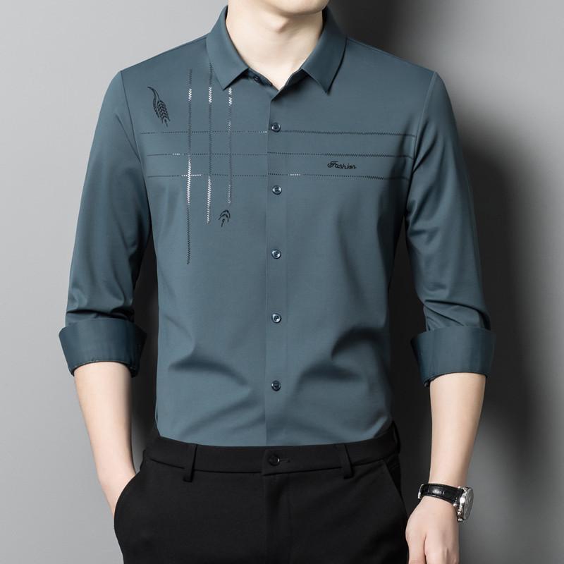 Gestreiftes Revers Wollhemd für Herren Frühling und Herbst Neues Temperament Großzügig Hübsch Langärmlig Bedrucktes Businesshemd Tide