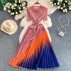 Pleated Diamond-Embellished Round-Neck Midi Dress for Women Summer Short Sleeve Lace-up Stunning Ombre Pleated Dress