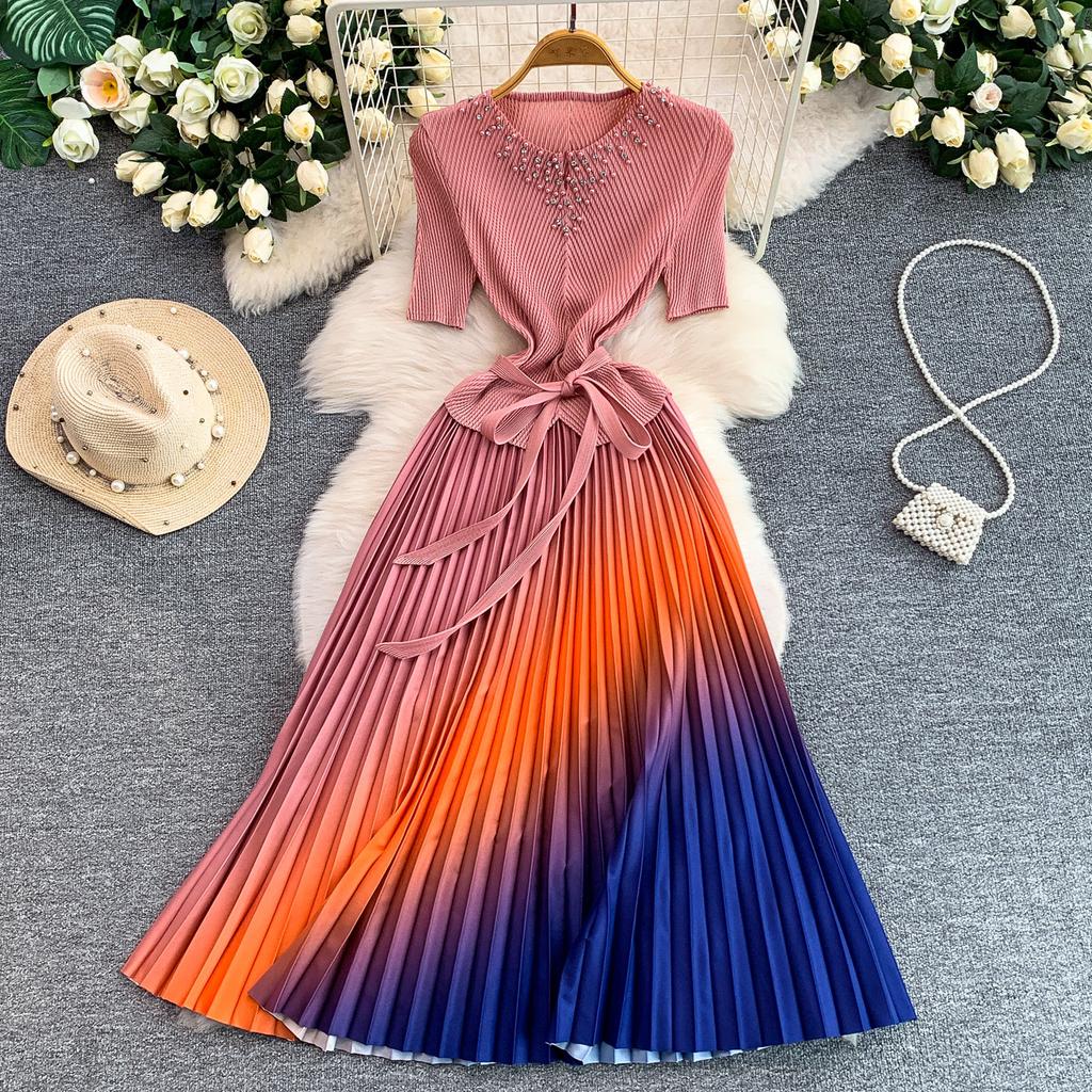 Pleated Diamond-Embellished Round-Neck Midi Dress for Women Summer Short Sleeve Lace-up Stunning Ombre Pleated Dress