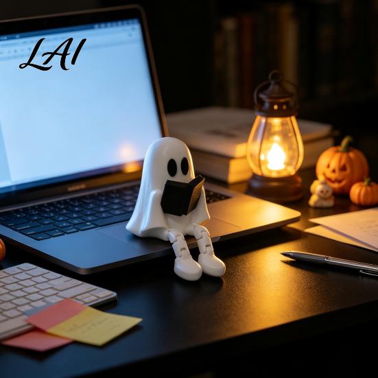 Ornamento Fantasma Seduto Statuetta che Legge con Gambe Articolate Statua Artistica Stampata 3D Bianca Scrivania per Decorazione di Halloween