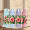 1PC Pink Hibiscus Flower Print 750ml Color Plastic Sports Water Bottle Leakproof Flip Straw Lid Suitable for Sports Office Home Use