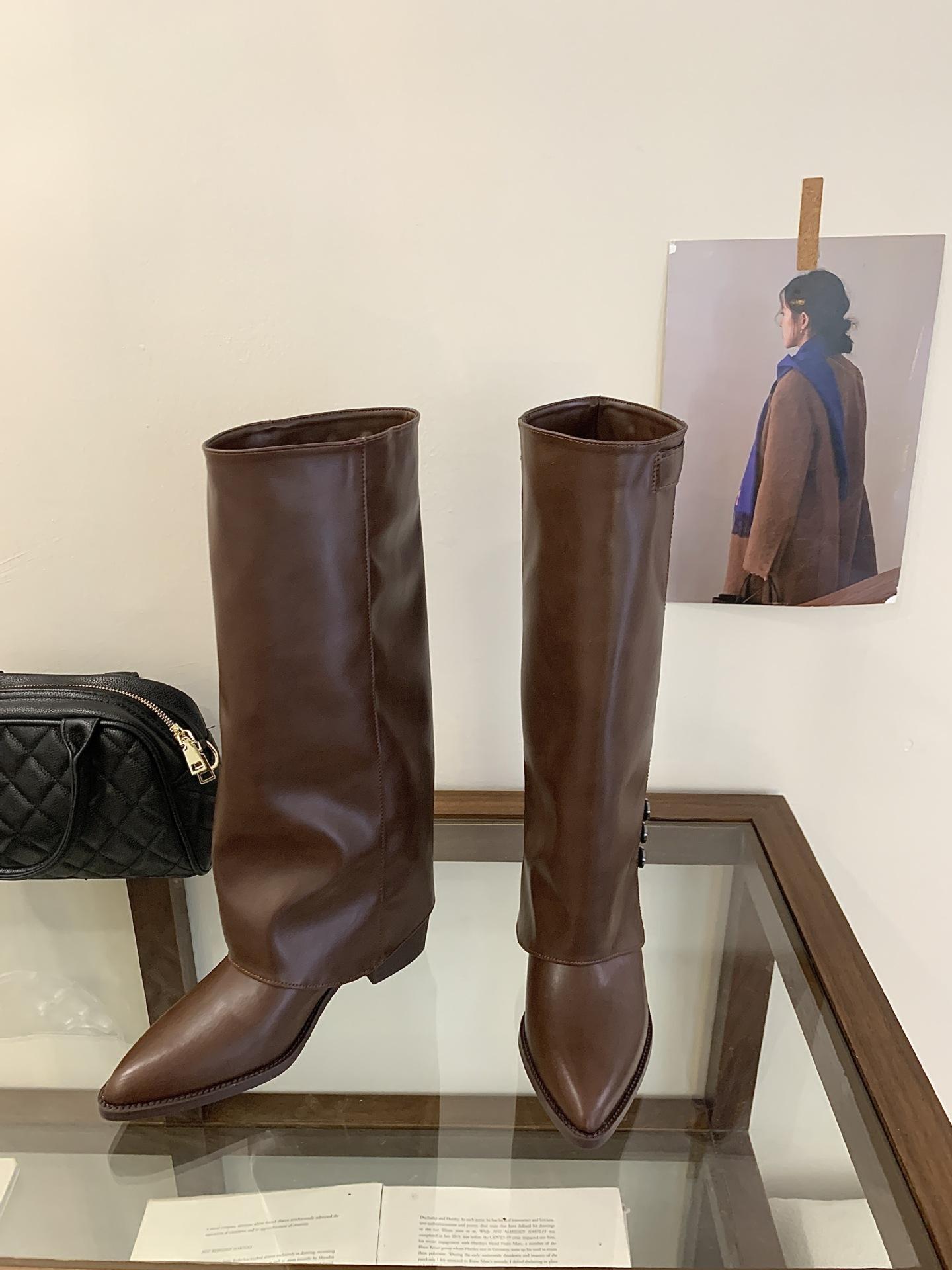 

2025 new retro pointed western cowboy boots women s autumn thick heel high tube thin Martin boots women 39 коричневый