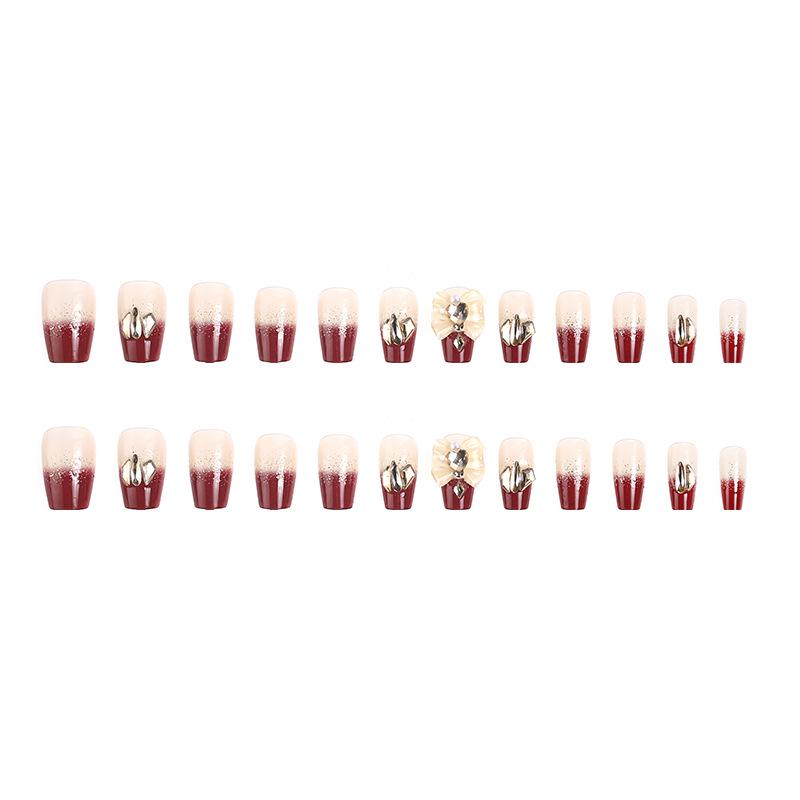 Medium-Long Burgundy Rhinestone Nail Stickers for Autumn/Winter and New Year