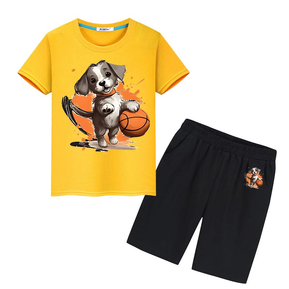 

Баскетбольные спортивные комплекты, футболка из 100% хлопка с принтом, летние футболки в стиле каваи, топы + шорты, милые футболки, одежда для мальчиков и девочек, детский праздничный подарок 110 жёлтый