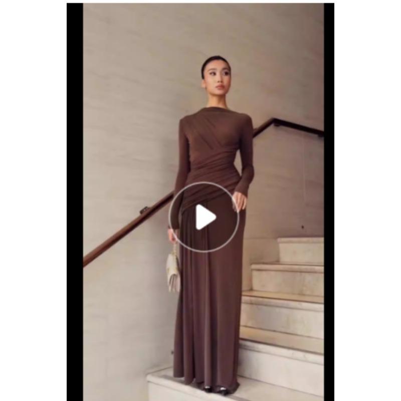 

Women s Summer New Product Fashion Temperament Slim Pleated Zipper Crew Neck Long-sleeved Dress L темно-коричневого кольору
