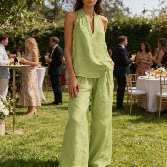 Dámský dvoudílný top s halter výstřihem bez rukávů, outfit s vysokým pasem, kalhoty s V-výstřihem, ležérní volné kalhoty, letní domácí oblečení
