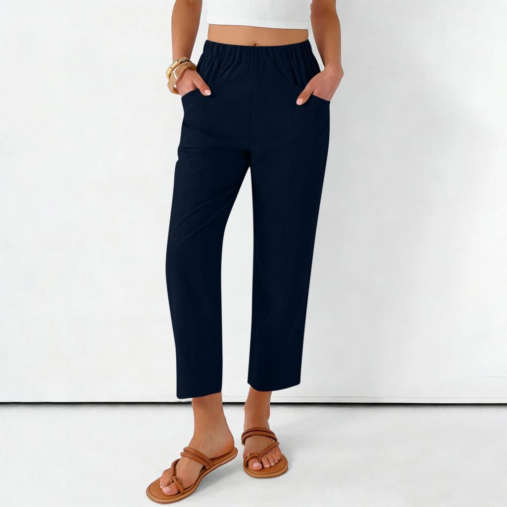 Women's Fashionable Loose-Fit Pocket Cotton-Linen Blend High-Waisted Wide-Leg Pants Casual Cropped Trousers