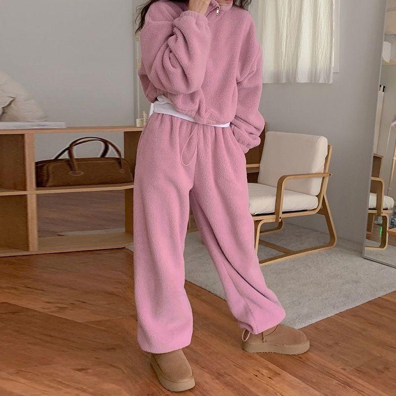 Autumn Winter Set Women's New Korean Version of Ins Warm Stand Collar Jumper Hoodie + Loose Bunches of Pants Two-piece Set