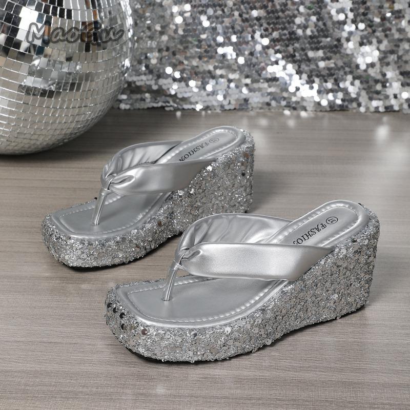 Fashion Women's Platform Sandals Flip Flops Slip-On Summer Thick Bottom High Heels Beach Slippers Sparkling Sequin Shoes Size 35 42