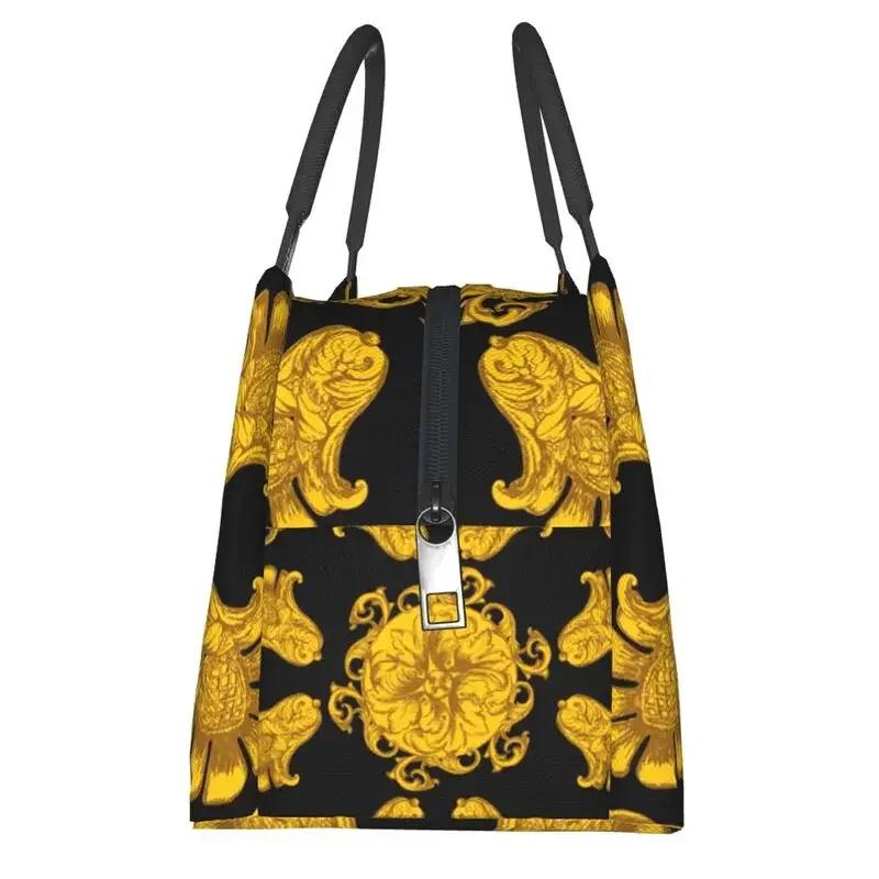 Golden Baroque Fashion Seamless Pattern Insulated Lunch Bags for Women Waterproof Cooler Thermal Bento Box Work Picnic
