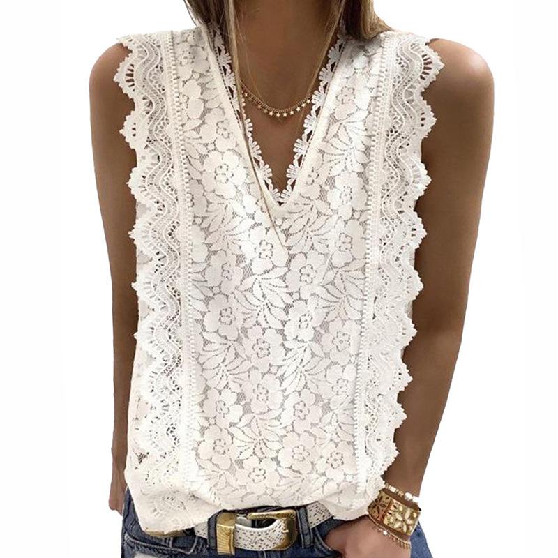 Women's Fashion Sleeveless Floral Printed Blouse Solid Color V-Neck Crochet Lace Casual Tank Top