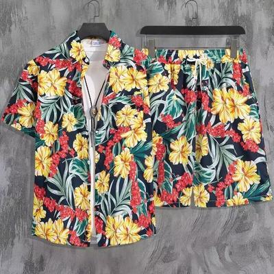 Letní oblek s krátkým rukávem Velká volná košile Kraťasy Pánská košile s potiskem Hawaii Beach Ice Silk Flower