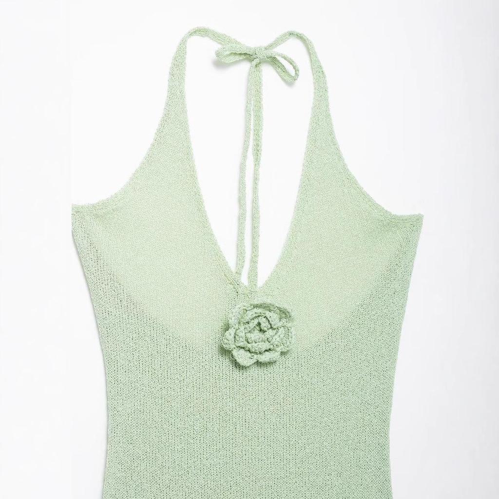 Rochie Tricotată de Primăvară 2025 pentru Femei, Stil European & American, Decolteu Adânc în V, Fără Spate, cu Șliț Înalt, cu Bretele Spaghetti