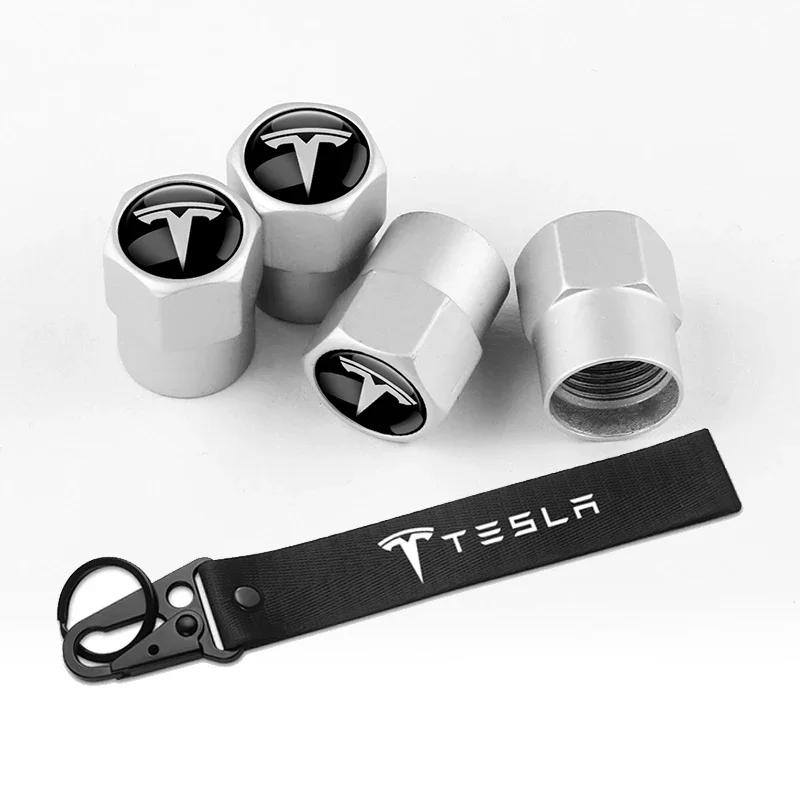 Bilklistermärke Tesla 4 st Bilhjul Däckventilhatt Nylon Nyckelring Snöre Nyckelringar För Tesla WYE Invader Juguete Modell 3 Y S X Spa