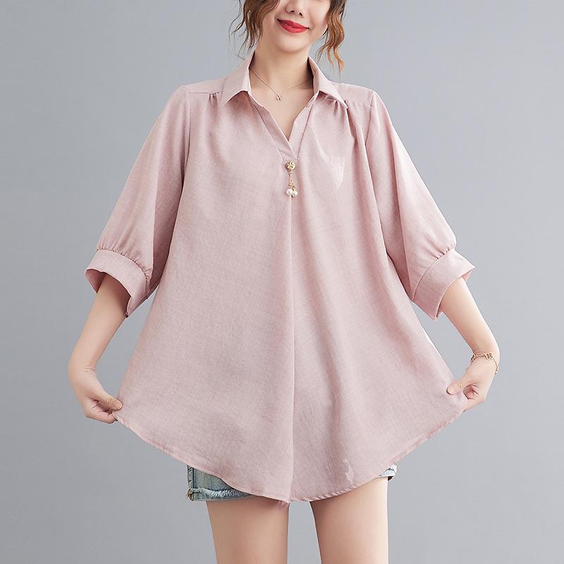 Women's Polo Collar Half Sleeve Loose Fit Blouse Casual Color Block Summer Top