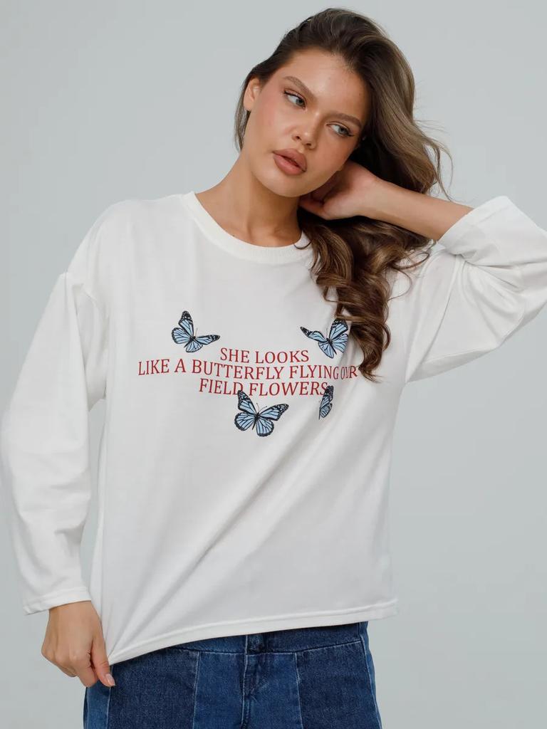 100% cotton t-shirt autumn American fashion personality fun butterfly literary print top