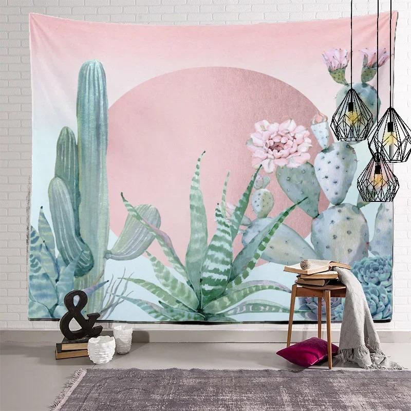 Nordic Home Fabric Plant Tapestry Wall Hanging Retro Tropical Plant Cactus Wall Hanging Art Painting Background Decoration