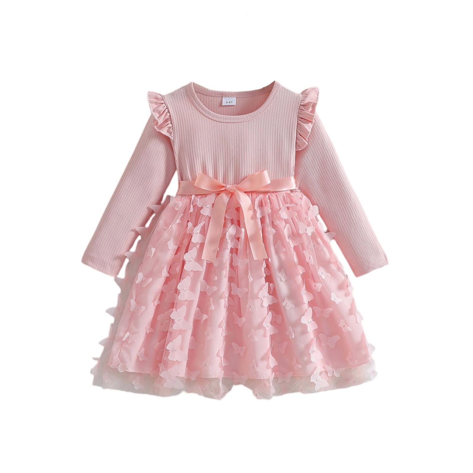 

Girls 3D Bow Dress - Long Sleeve Tulle Belted Gown 90 рожевий