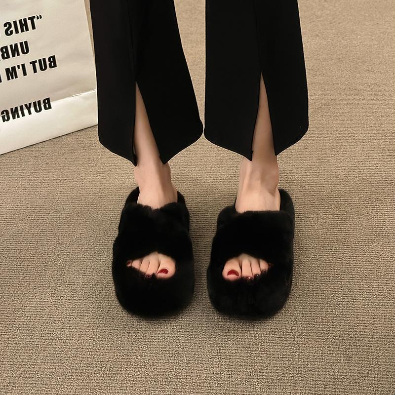 6Cm Thick-bottomed Crossed Fluffy Slippers Women's 2025 Autumn and Winter New Korean Version Fashionable Versatile Warm Plush Cotton Mop