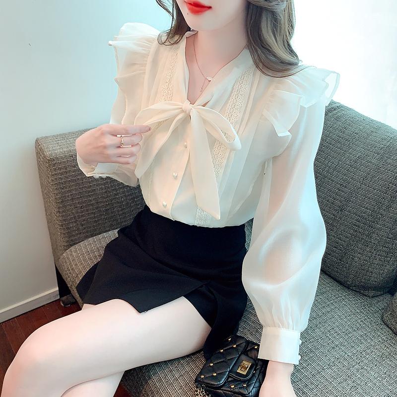 Fashion New 2024 Autumn Long Sleeve Bow Collar Casual Apricot Ruffles Chiffon Blouse Shirt Women Tops Blouses Shirts J514