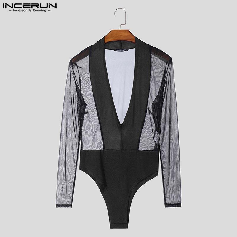 INCERUN Pánské trikotové kombinézy s dlouhým rukávem, síťovinou, průhlednou