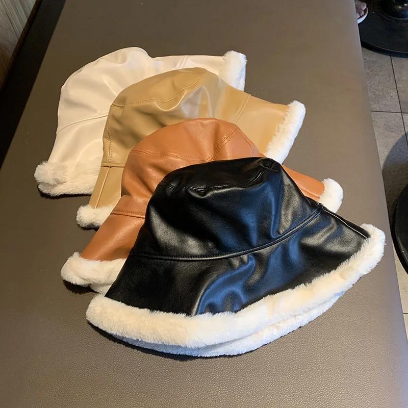 Fashion Autumn Winter Pu Leather Bucket Hats For Women Adjustable Foldable Lamb Wool Outdoor Warm Panama Female Fisherman Caps