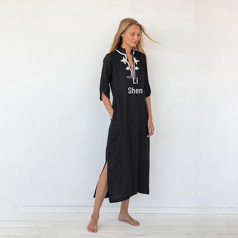European & American Rayon Stand-Up Collar Embroidered Long Beach Robe for Women