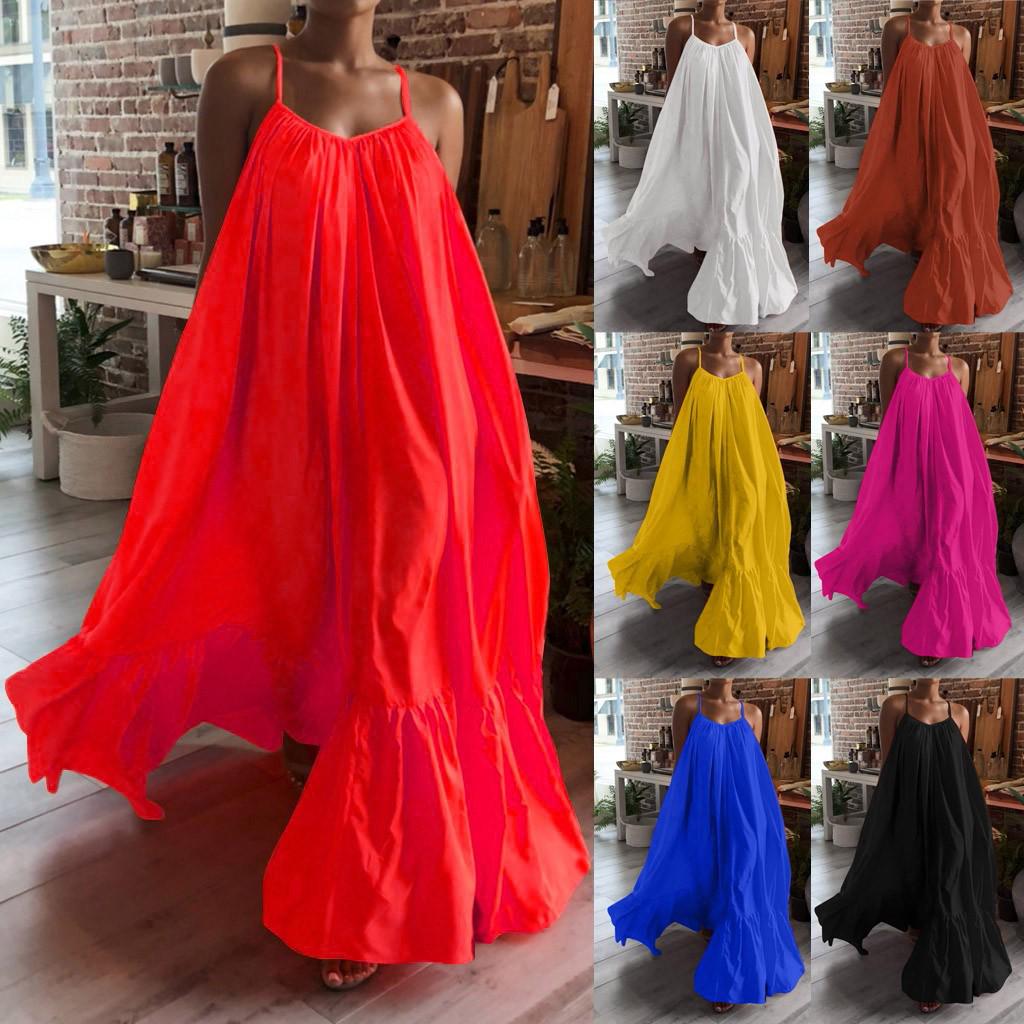 Women Fashion Casual Solid Strap Dress Pocket Loose Backless Big Swing Dress