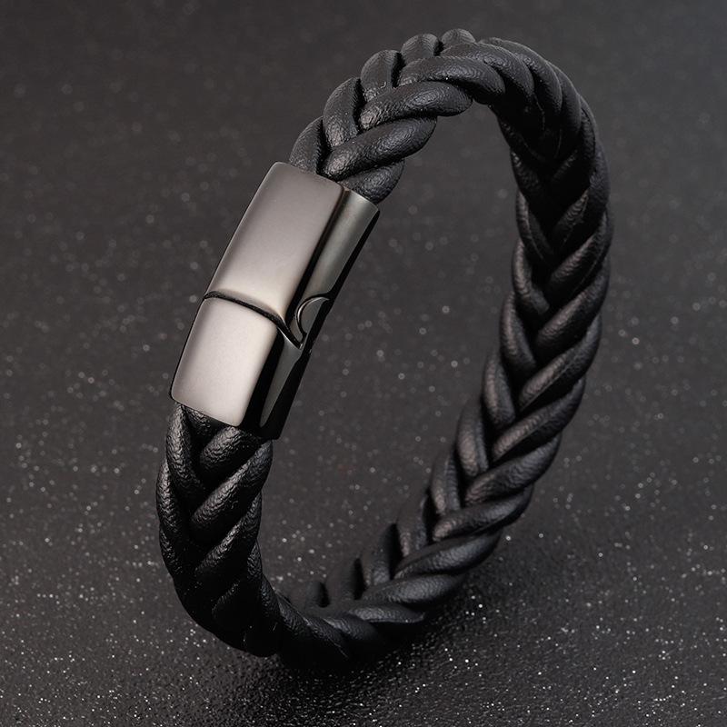 Titanium Steel Leather Bracelet, Woven Black Leather Bracelet, Men's Jewelry 2026