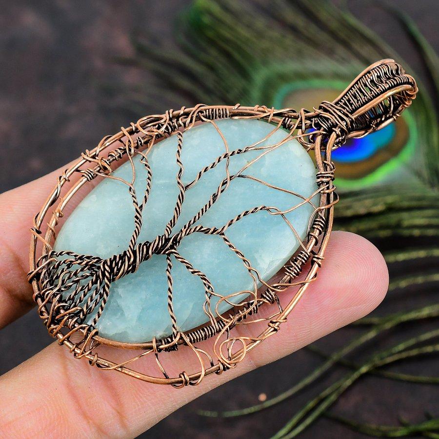 Přívěsek z přírodního akvamarínu, ručně vyrobený z měděného drátu, 3,27 E6t68