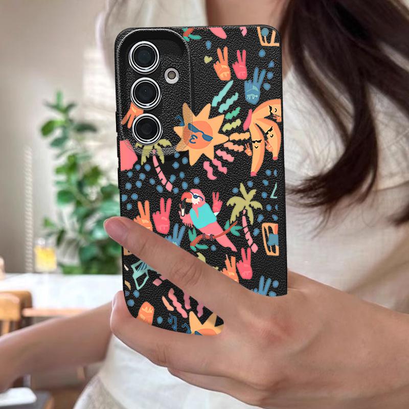 Colorful Cartoon Pattern Case For Samsung Galaxy S25 Edge S24 Ultra S23 S22 Plus S21 FE S26 Ultra Leather Texture Silicone Cover