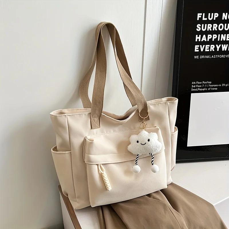 Multi Compartment, Zipper Closure, Women s Bags Large Capacity Japanese Style Tote Bag, Cute Plush Fixed Strap, Casual Elegance