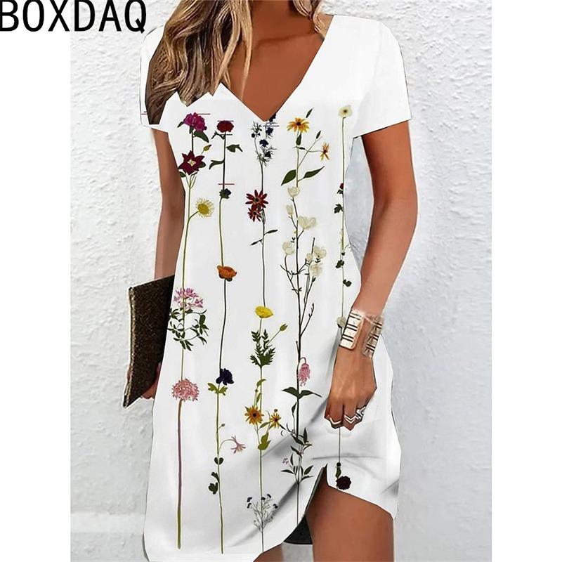 Abito A-line Floreale Elegante Vintage Donna Estate Manica Corta Scollo a V Casual Ampio Lunghezza al Ginocchio Abito Estivo Vestidos De Mujer